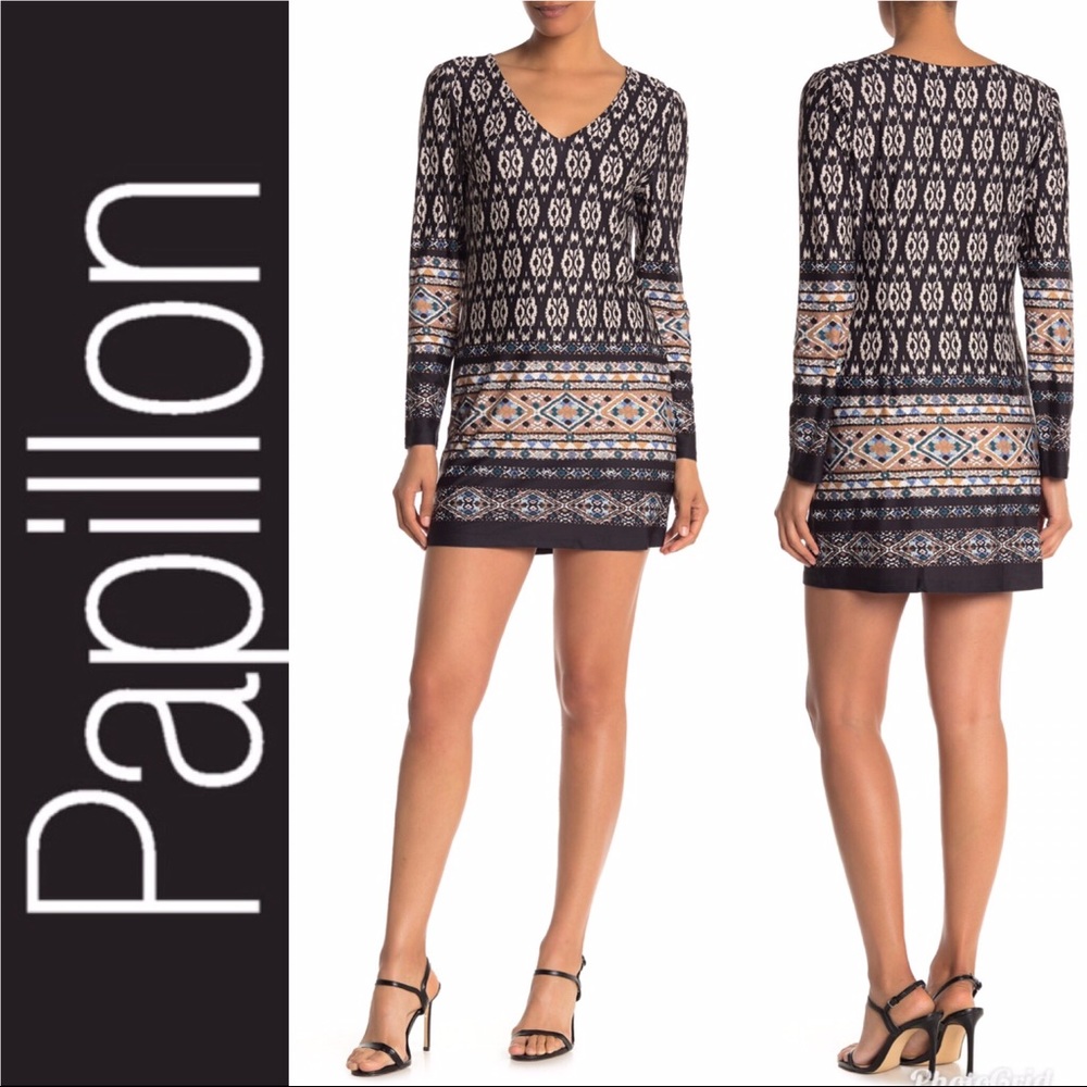 Papillon Border Print Long Sleeve Tunic Mini Dress